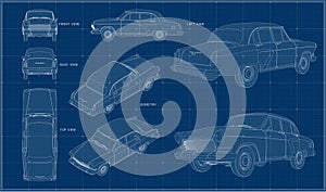 Blueprint with projections, isometry and perspective. Car drawing.